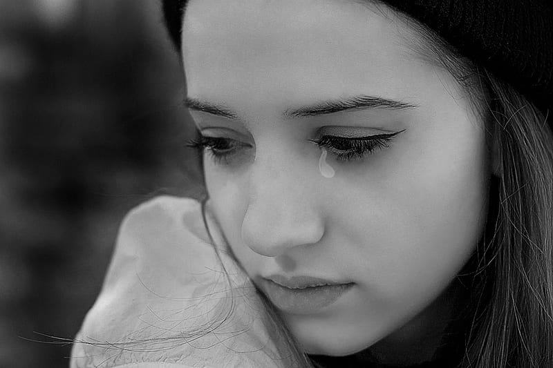 Teardrop, thoughts, sadness, black and white, lonely, lips, sad girl, girl, miss you, face, eyes, HD wallpaper