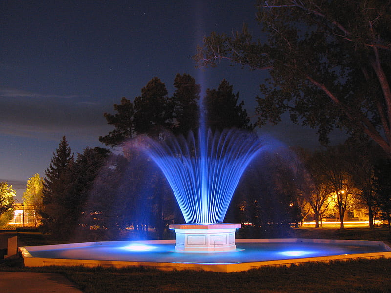 Fountain by night, fountain, water, night, light, HD wallpaper