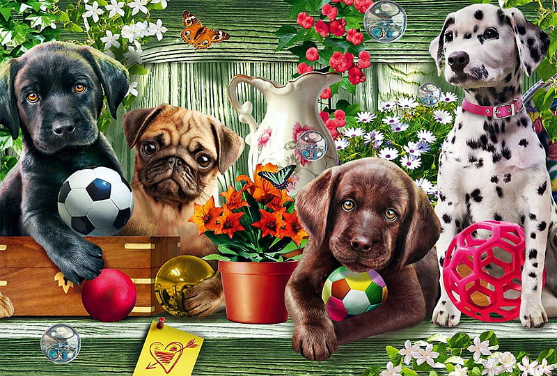 Puppies, ball, painting, flowers, artwork, dogs, pups, HD wallpaper