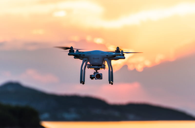 white quad-copter drone during golden hour, HD wallpaper