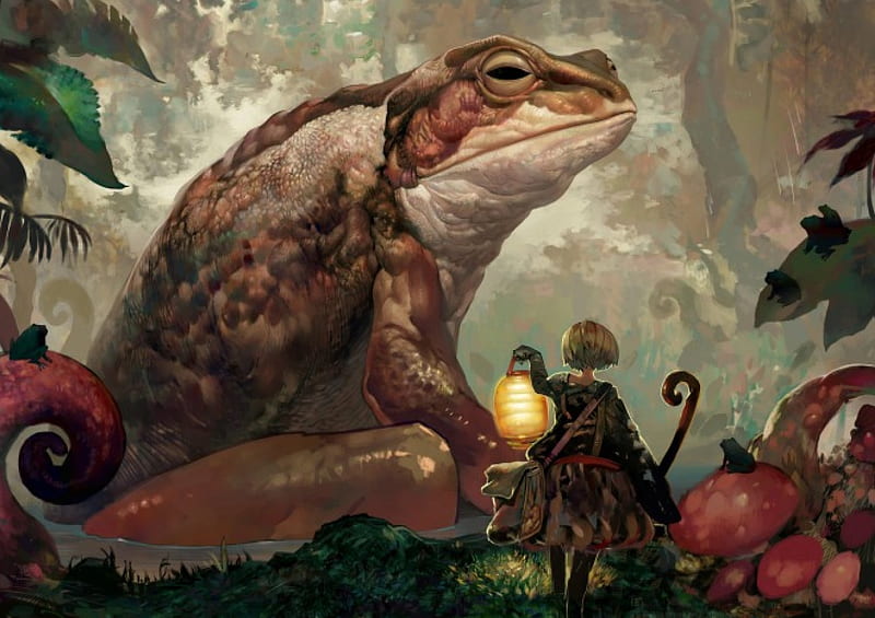 The frog, forest, art, lantern, onion, mushroom, frog, fantasy, girl, anime, light, HD wallpaper