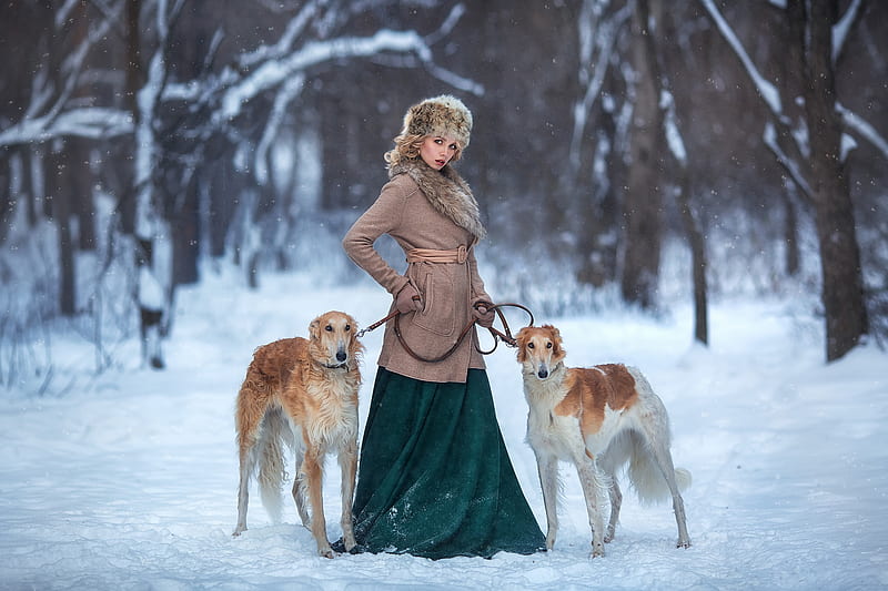 Models, Model, Depth Of Field, Dog, Girl, Hat, Saluki, Snow, Winter, Woman, HD wallpaper