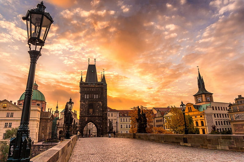 Prague, lanterns, buildings, town, sunset, sky, clouds, city, splendor, bridge, nature, sunrise, road, street, HD wallpaper