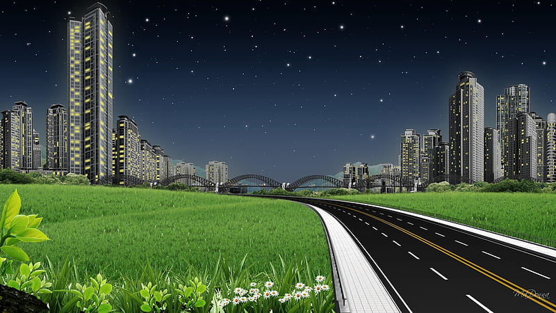Road To City, buidlings, stars, grass, park, sky, highway, city, bridge, flowers, sky scrapers, road, HD wallpaper
