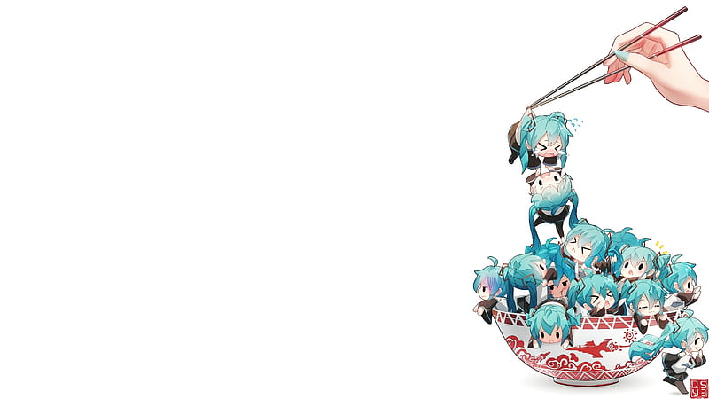 hatsune miku, chibi, bowl, vocaloid, cute, Anime, HD wallpaper