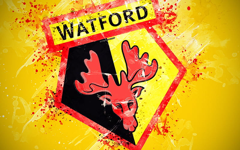 Watford FC paint art, logo, creative, English football team, Premier League, emblem, yellow background, grunge style, Watford, England, UK, football, HD wallpaper