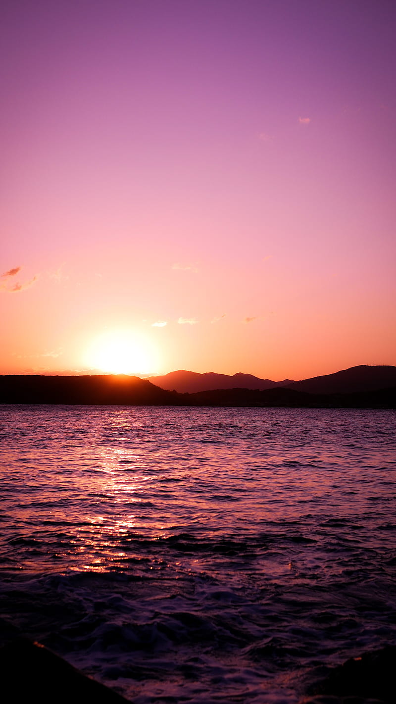 sunset, sun, horizon, glare, waves, sky, HD phone wallpaper
