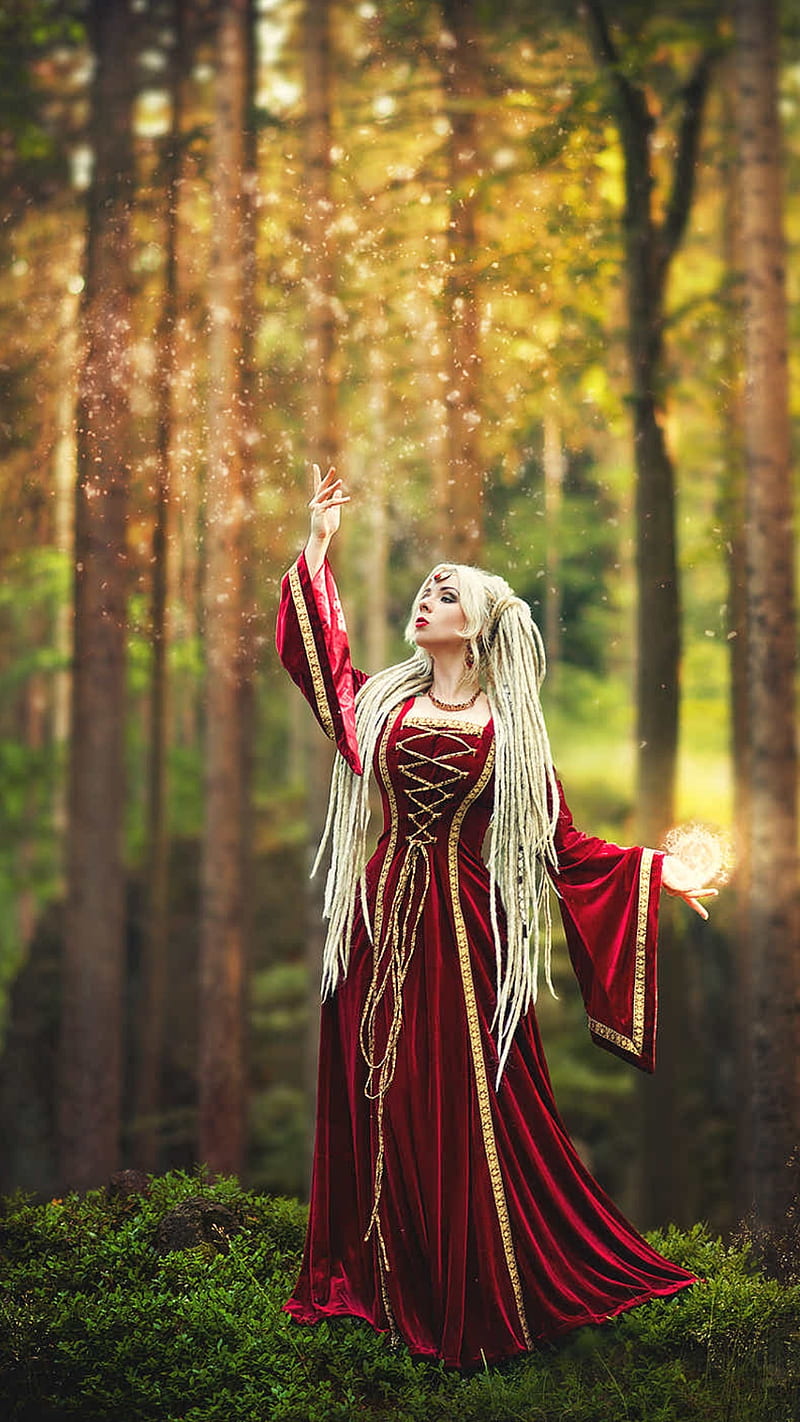 Magical forest, forest, girl, magic, nature, pretty, red, red dress, witch, HD phone wallpaper