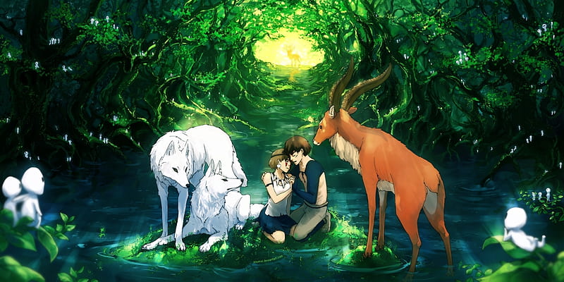 Dreams, fantasy, nature, wolf, couple, wood, dog, HD wallpaper