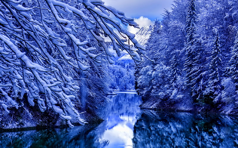 Winter blue river, snowdrifts, forest, mountains, beautiful nature, HD wallpaper