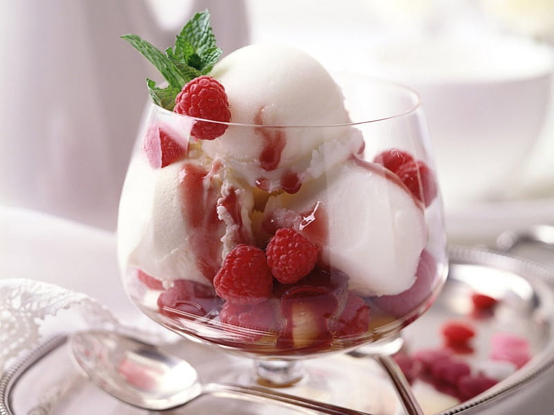 raspberries ice-cream, raspberries, red, ice, white, cream, sweet, HD wallpaper