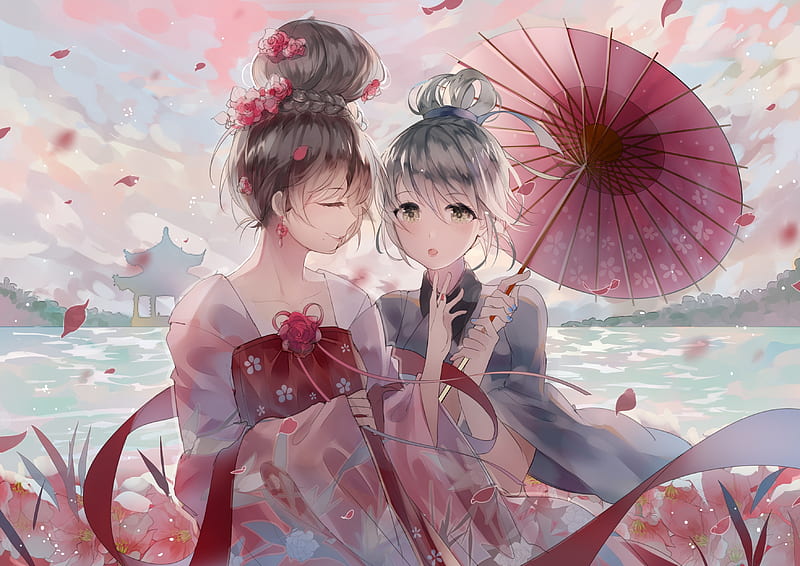 luo tianyi, yuezheng ling, vocaloid china, chinese clothes, umbrella, Anime, HD wallpaper