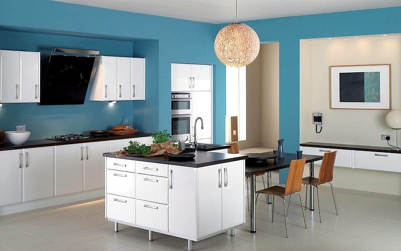 stylish kitchen interior, round chandelier, kitchen project, kitchen interior in blue colors, modern style, HD wallpaper