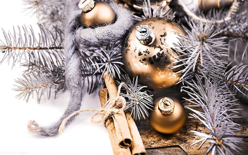Golden Christmas balls, cinnamon, New Year, silver tree, decoration, Christmas, HD wallpaper