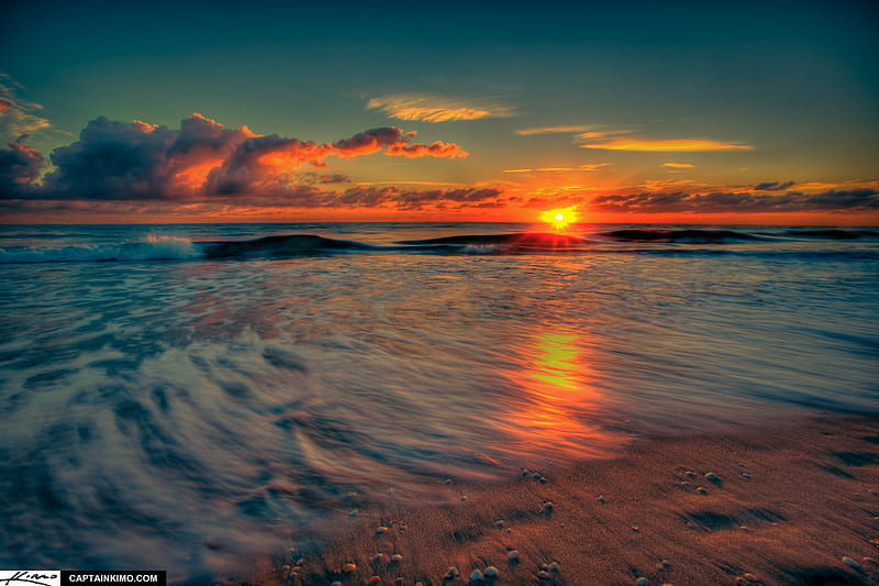 Sunrise Over Beautiful Waves, sand, lovely blue, ocean, sunrise, waves ...