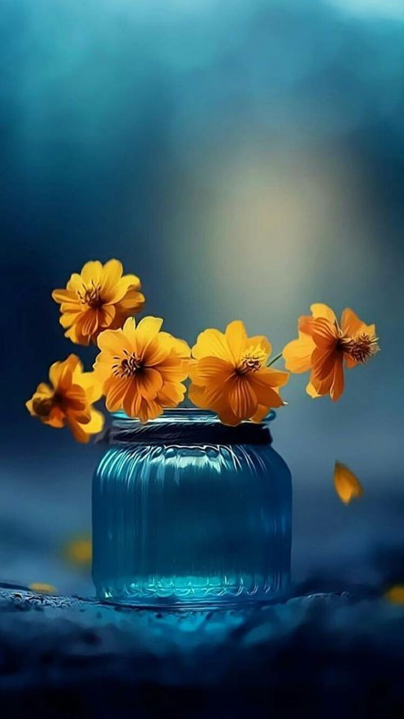 Flowers in vase, blue, bottle, nature, orange, yellow, yellow flowers, HD phone wallpaper