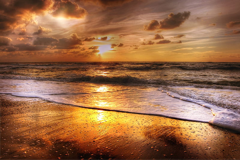Sunset Beach Sea Sun Clouds, sunset, beach, nature, sea, sun, clouds, HD wallpaper