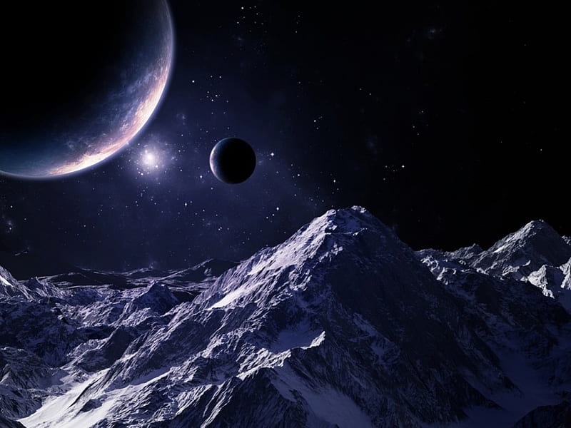 distant world, stars, moon, planet, snow, mountains, HD wallpaper