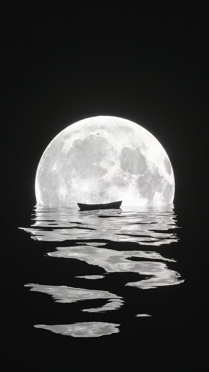 Floating moon, 3drender, boat, fantasy, floating, glow, journey, moon, reflection, sea, HD phone wallpaper