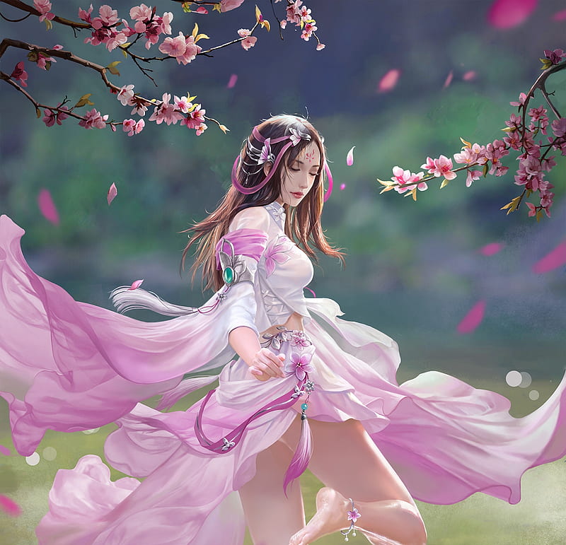 Spring beauty, sakura, frumusete, dress, luminos, wind, spring, superb, cherry blossom, dancer, fantasy, girl, flower, petals, pink, gorgeous, guanjie wang, HD wallpaper