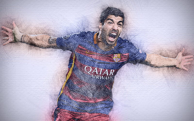 Luis Suarez artwork, football stars, Barcelona, Suarez, soccer, La Liga, Barca, footballers, drawing Suarez, FC Barcelona, HD wallpaper