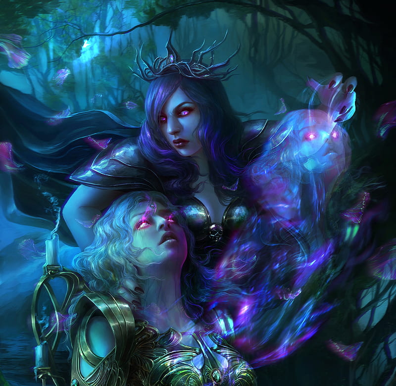 Soul severance, fantasy, luminos, hex, pink, blue, witch, frumusete, madboni, couple, HD wallpaper