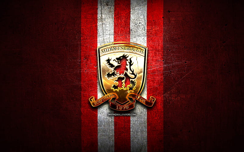 Middlesbrough FC, golden logo, EFL Championship, red metal background, football, Middlesbrough, english football club, Middlesbrough logo, soccer, England, HD wallpaper