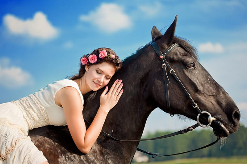 Tender touch, clouds, animal, hair, tenderness, friendship, love, flowers, beauty, face, beautiful lady, sunny day, touch, close friends, soft, sky, horse, fingers, brown horse, hands, white dress, HD wallpaper
