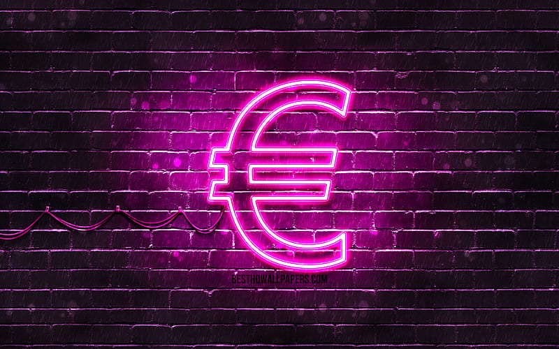 Euro purple sign purple brickwall, Euro sign, currency signs, Euro neon sign, Euro, HD wallpaper