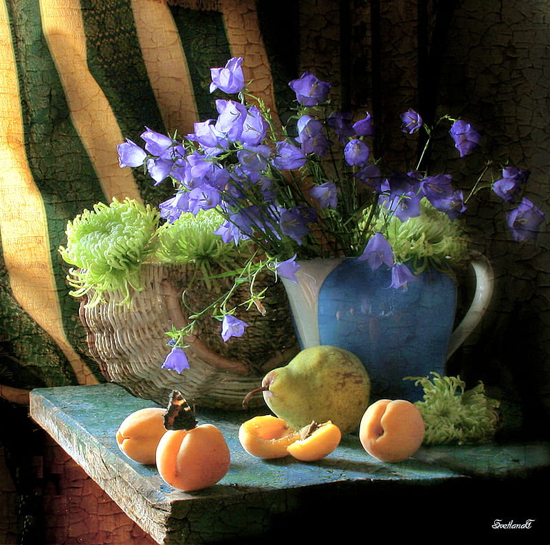 Shaft of light, fruit, butterfly, purple, green, flowers, drape, light, HD wallpaper