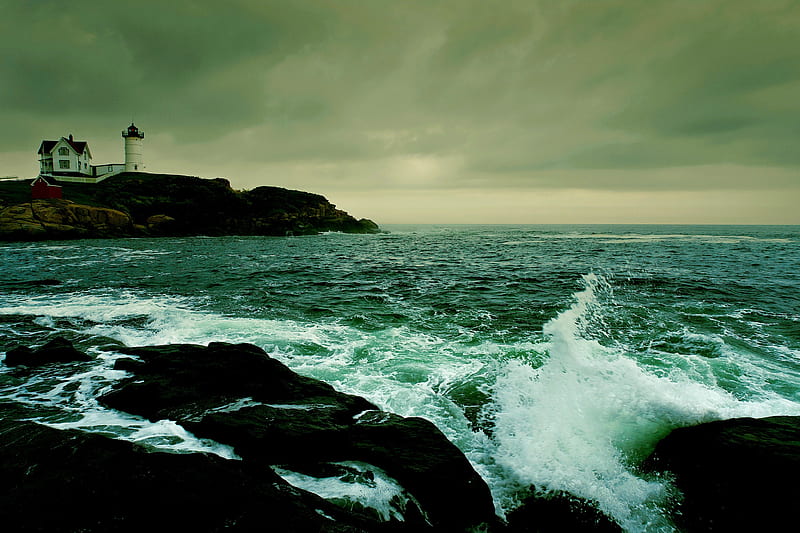 BAD WEATHER, dark, waves, sky, lighthouse, sea, HD wallpaper