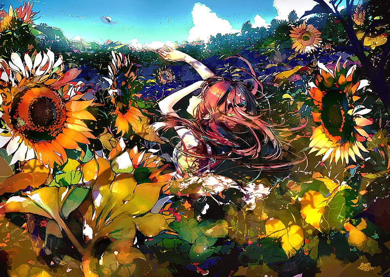 Flowers, yellow, magic, spring, sky, happy, girl, anime, love, anime girl, HD wallpaper