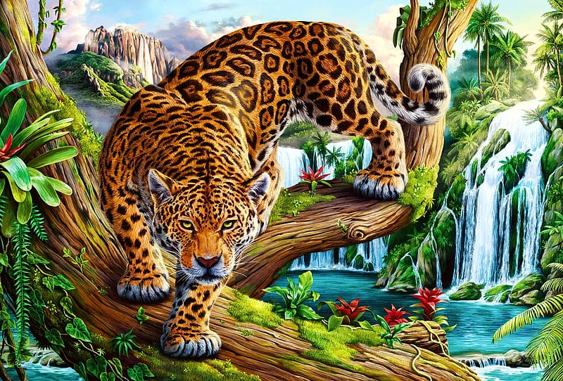 Prowling Leopard, cat, predator, artwork, painting, waterfall, trees, HD wallpaper