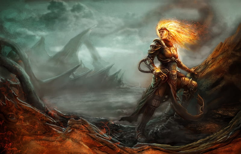 Fire Mage In The Wasteland, fire, fantasy, mage, mountains, HD wallpaper