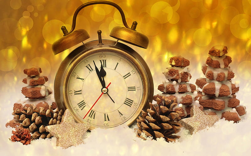 New Year, midnight, old retro clock, dial, cones, snow, golden background, Happy New Year, HD wallpaper