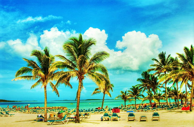 Beach of Nassau, Bahamas, sand, beachchair, coconut, summer, trees, clouds, palms, HD wallpaper