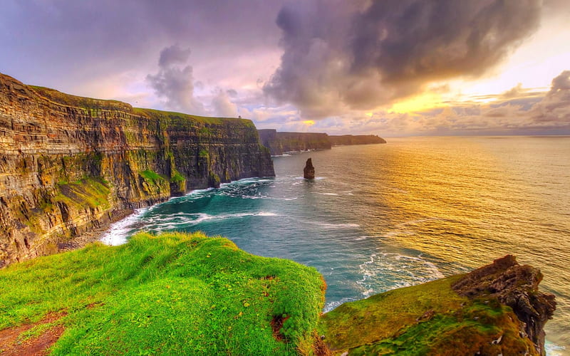 Cliffs Of Moher, grass, Ireland, bonito, sunset, sky, clouds, sea, beach, cliffs, coast, HD wallpaper