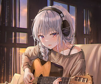 a cute anime girl wearing headphones sitting on a | Stable Diffusion |  OpenArt-demhanvico.com.vn