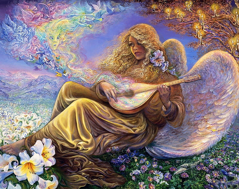 Angel playing Lute in Flower Field, flowers, instrument, girl, music, candles, HD wallpaper