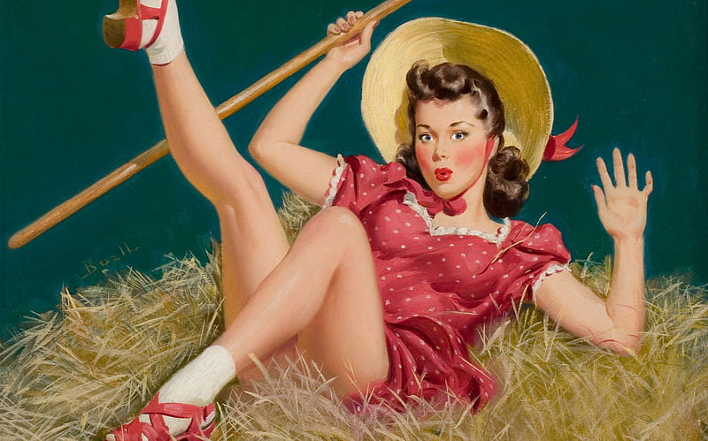 Cowgirl, art, alfred leslie buell, luminos, hay, pin-up, hat, painting, summer, funny, pictura, HD wallpaper