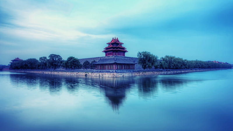 ancient chinese fortress, pagoda, fortress, reflection, wall, lake, HD wallpaper