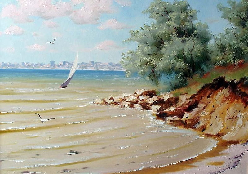Zadorozhniuk GEORGE Odessa Beach, beach, zadorozhniuk george, art, pinting, HD wallpaper