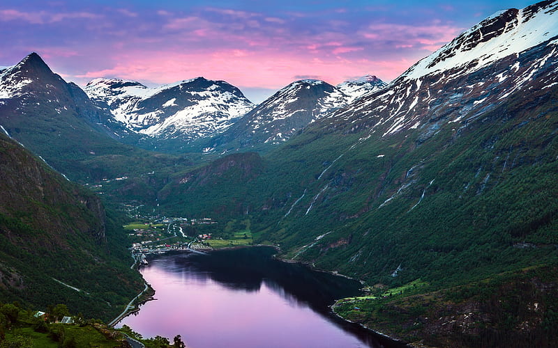 End of the Fjord, purple sky, house, woods, bonito, sunset, clouds, snowy, splendor, village, beauty, sunrise, reflection, amazing, forest, lovely, view, houses, winter time, sky, winter, lake, purple, snow, mountains, peaceful, nature, geiranger, norway, landscape, HD wallpaper