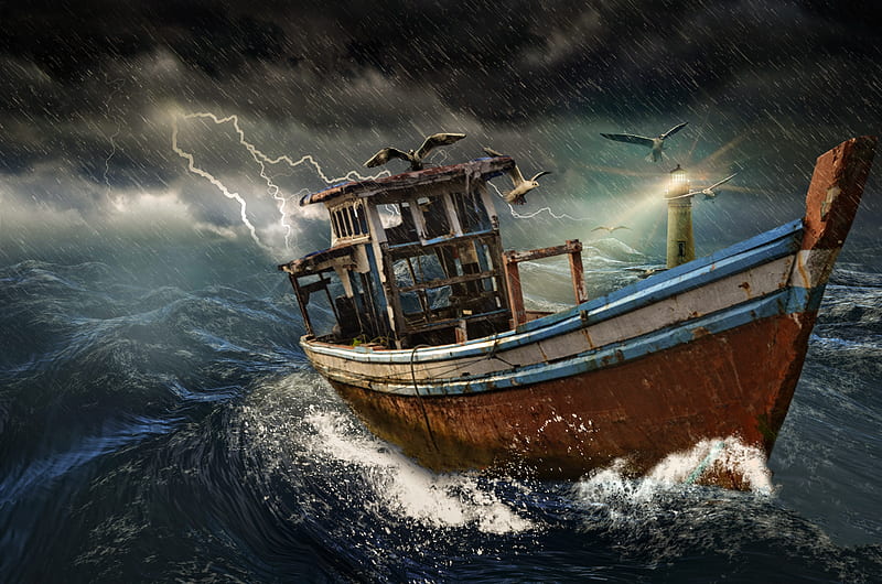 Old Boat in Stormy Ocean, Weather, Sky, Oceans, Old, Lightning, Nature, Clouds, Storms, Waves, Boats, HD wallpaper