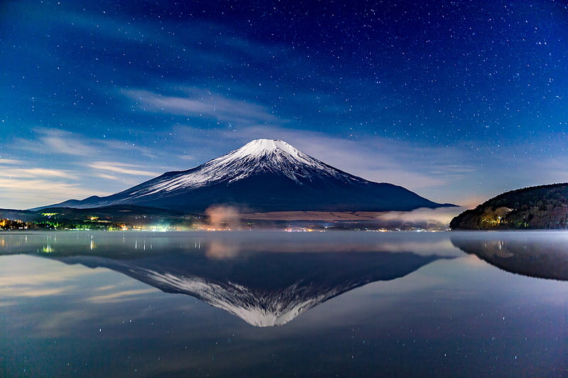 Mount Fuji Night Reflections, mount-fuji, mountains, nature, reflection, HD wallpaper