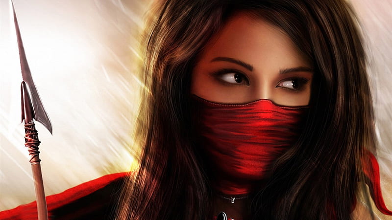 SILENT ASSASSIN, Mask, Ninja Red, Female, Veil, Brunette, Arrow, Girl, Mysterious, Warrior, HD wallpaper