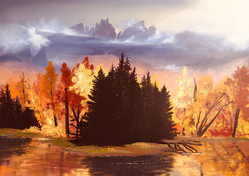 autumn, forest, art, HD wallpaper