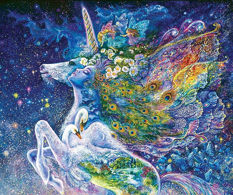 Unicorn and fairy, unicorn, painting, blue, fairy, colorful, art, wings, josephine wall, fantasy, girl, pictura, white, HD wallpaper