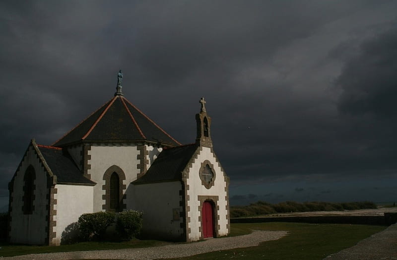 White Church, archtecture, dark, nature, white, church, clouds, sky, seclusion, HD wallpaper