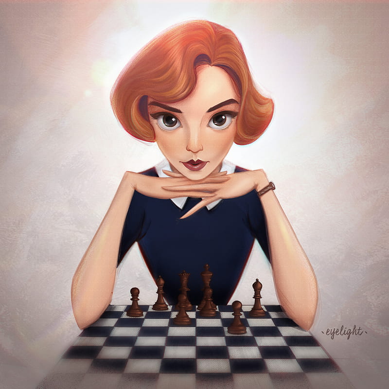 Valentina Contini, fan art, looking at viewer, chess, digital art, simple background, hands, large eyes, women, digital painting, artwork, white background, The Queen's Gambit, ArtStation, HD phone wallpaper